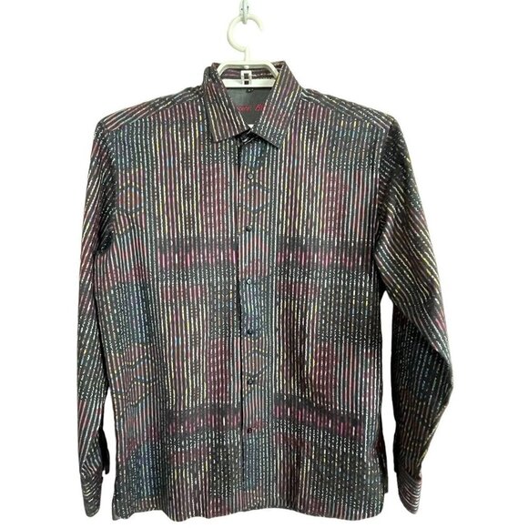 Visconti Black Size L Button Up Tribal Striped Mixed Pattern Long Sleeve Shirt - Picture 1 of 6